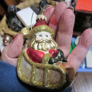 80s Kurt Adler blown glass ornament santa in sleigh glitter trim